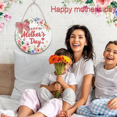Happy Mother's Day Welcome Sign Wreath 12 Inch Round Wooden Hanging Door Sign Colorful Floral Rustic Farmhouse Porch Decorations with Ribbon Bow for Mother's Day Front Door Decor in Saudi Arabia