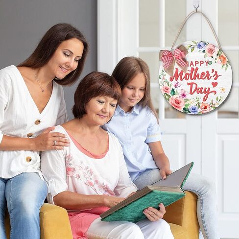 Happy Mother's Day Welcome Sign Wreath 12 Inch Round Wooden Hanging Door Sign Colorful Floral Rustic Farmhouse Porch Decorations with Ribbon Bow for Mother's Day Front Door Decor in Saudi Arabia