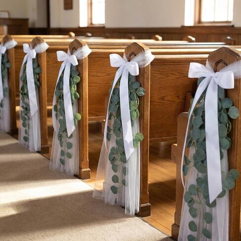 24 Set Wedding Aisle Chair Decorations White Long Tulle Tails Chair Sashes with Ribbon Bows and Artificial Eucalyptus Vine for Wedding Church Ceremony Pew Chairs Aisle Bulk in Saudi Arabia