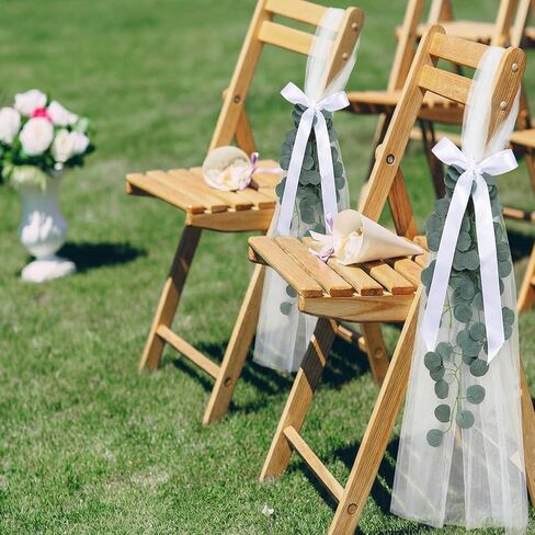 24 Set Wedding Aisle Chair Decorations White Long Tulle Tails Chair Sashes with Ribbon Bows and Artificial Eucalyptus Vine for Wedding Church Ceremony Pew Chairs Aisle Bulk in Saudi Arabia