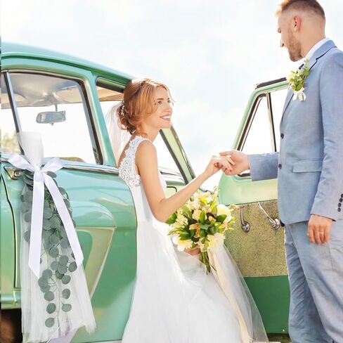 24 Set Wedding Aisle Chair Decorations White Long Tulle Tails Chair Sashes with Ribbon Bows and Artificial Eucalyptus Vine for Wedding Church Ceremony Pew Chairs Aisle Bulk in Saudi Arabia
