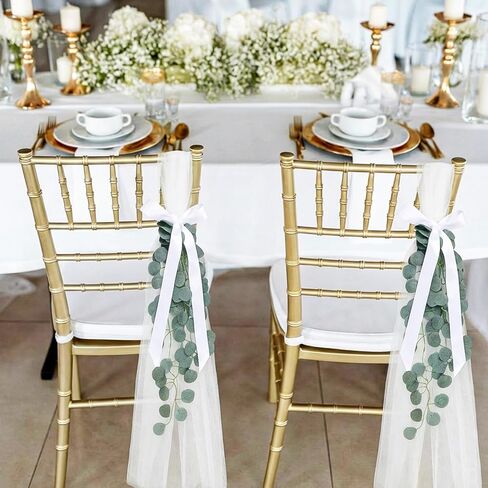 24 Set Wedding Aisle Chair Decorations White Long Tulle Tails Chair Sashes with Ribbon Bows and Artificial Eucalyptus Vine for Wedding Church Ceremony Pew Chairs Aisle Bulk in Saudi Arabia