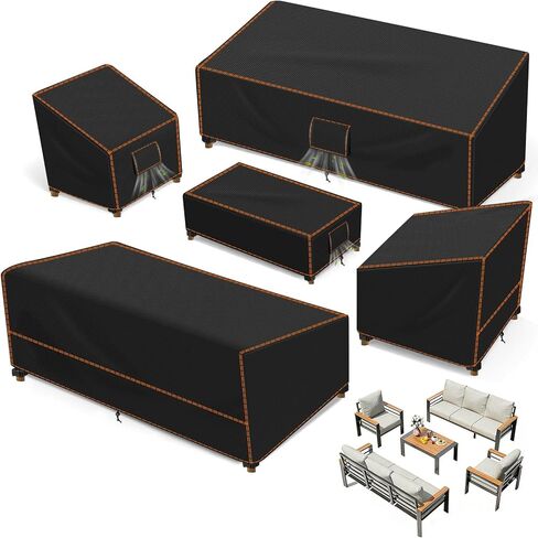 غطاء خارجي من SUNICO لأثاث الفناء، غطاء مجموعة الفناء مكون من 5 قطع مقاوم للماء، أغطية 420D للأثاث الخارجي، حماية من بهتان الأشعة فوق البنفسجية، مقاوم للتمزق، أسود in Kuwait
