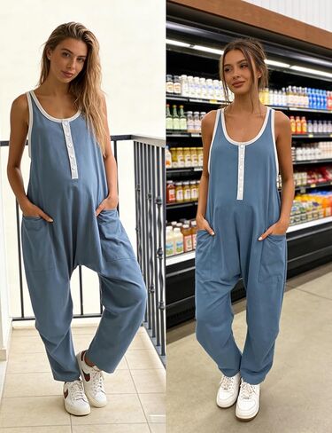 AMEBELLE Womens Colorblock Casual Harem Overalls Sleeveless Jumpsuit Romper Adjustable Straps with Pockets in Kuwait