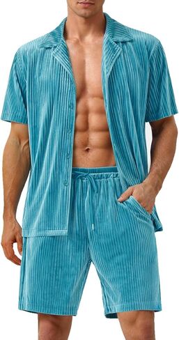 Mens Velour Tracksuit Short Set 2 Piece Casual Short Sleeve Velvet Button Down Shirt and Short Outfits for Men in Saudi Arabia
