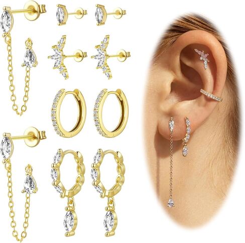 5 Pairs Dangle Earrings for Women,14k Gold Plated Chain Earrings Stack Hypoallergenic Huggie Hoop Earring Sets for Multiple Piercing Jewelry in Kuwait