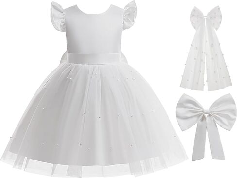 فستان فتاة الزهرة مع أغطية الرأس كشكش من التول الساتان لحفلات أعياد الميلاد ووصيفات العروس وحفلات التخرج in Kuwait