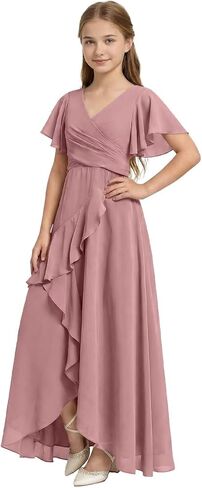 فستان وصيفة العروس الصغير بأكمام مرفرفة من Rlweus للفتيات من الشيفون والكشكشة وفساتين فتاة الزهور لحفلات الزفاف in Kuwait