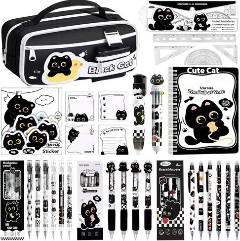 مجموعة قرطاسية سوداء لطيفة على شكل قطة من اللوازم المدرسية للقطط بما في ذلك الملاحظات اللاصقة وأقلام الرصاص الميكانيكية والممحاة والدفتر والملصقات والمسطرة وما إلى ذلك هدايا عيد الميلاد المجيد ومكافآت الفصل الدراسي in Kuwait