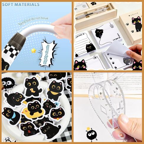 مجموعة قرطاسية سوداء لطيفة على شكل قطة من اللوازم المدرسية للقطط بما في ذلك الملاحظات اللاصقة وأقلام الرصاص الميكانيكية والممحاة والدفتر والملصقات والمسطرة وما إلى ذلك هدايا عيد الميلاد المجيد ومكافآت الفصل الدراسي in Kuwait