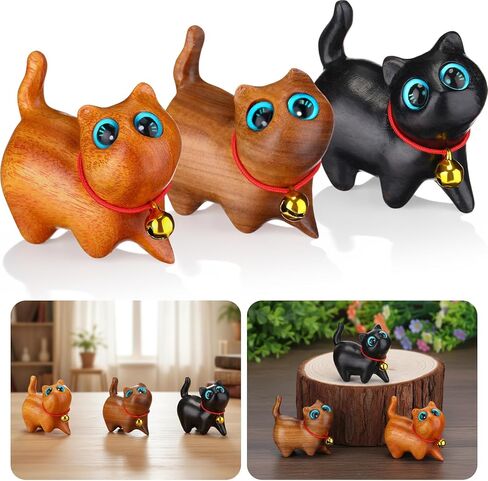 Leinuosen 3 Pcs Sandalwood Hand Carved Wood Cat Miniature Treasure Figurines Handmade Wood Statue Small Cute Wooden Crafts for Cat Lovers Home Office Table Decoration, 1.65 x 1.34 Inch in Saudi Arabia