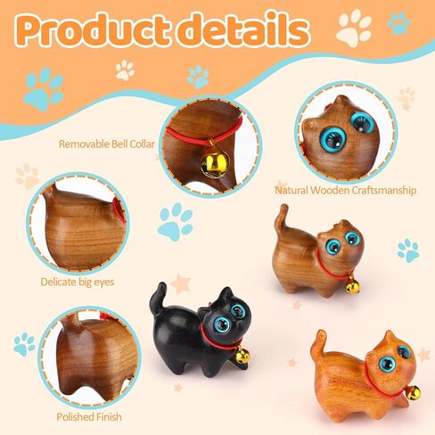 Leinuosen 3 Pcs Sandalwood Hand Carved Wood Cat Miniature Treasure Figurines Handmade Wood Statue Small Cute Wooden Crafts for Cat Lovers Home Office Table Decoration, 1.65 x 1.34 Inch in Saudi Arabia