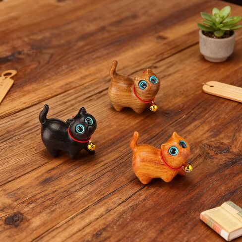 Leinuosen 3 Pcs Sandalwood Hand Carved Wood Cat Miniature Treasure Figurines Handmade Wood Statue Small Cute Wooden Crafts for Cat Lovers Home Office Table Decoration, 1.65 x 1.34 Inch in Saudi Arabia