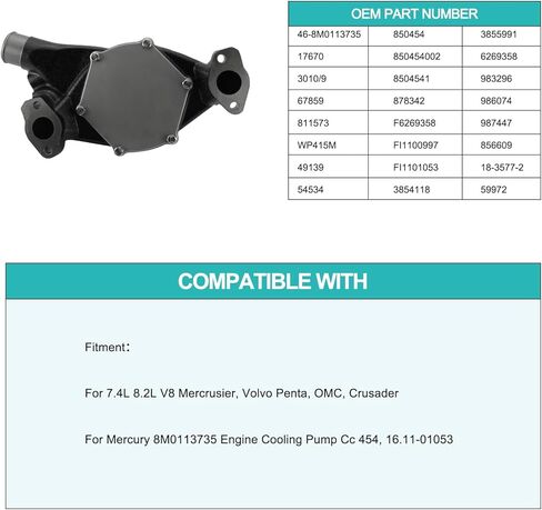 46-8M0113735 مضخة مياه البحر (المكره النحاسية، محمل C&U) لمحرك Mercruiser Mercury Marine 7.4L 8.2L V8، فولفو Penta، OMC Crusader Assembly FI1101053 in Saudi Arabia