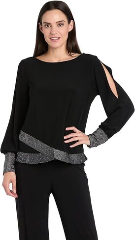 R&M Richards Women's Split Sleeve Blouse - Boat Neck Top W/Contrast Rhinestone Cuffs & Waistband - Chic Evening & Party Wear in Saudi Arabia