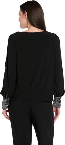 R&M Richards Women's Split Sleeve Blouse - Boat Neck Top W/Contrast Rhinestone Cuffs & Waistband - Chic Evening & Party Wear in Saudi Arabia