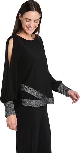 R&M Richards Women's Split Sleeve Blouse - Boat Neck Top W/Contrast Rhinestone Cuffs & Waistband - Chic Evening & Party Wear in Saudi Arabia