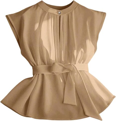 Floerns Women's Plus Size Elegant Peplum Tops Cap Sleeve Crew Neck Tie Waist Dressy Casual Blouses in Saudi Arabia