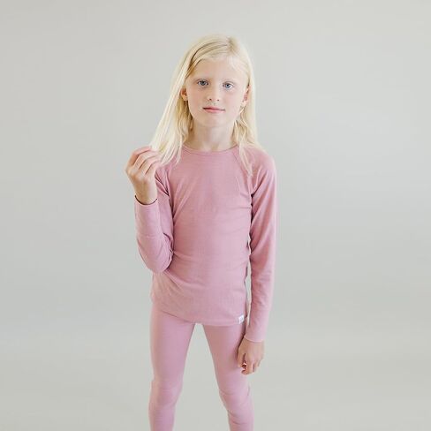 Woolino Merino Wool Base Layer for Kids - Super Soft Kids Long Sleeve Thermal Top and Leggings - All Natural Base Layer Shirt and Bottoms - Blush in Kuwait