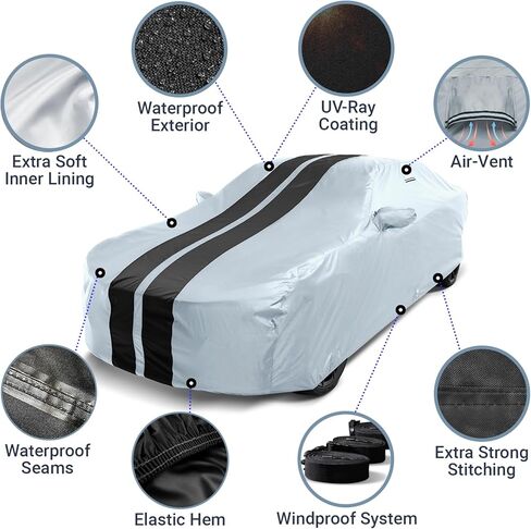 Coverland Premium Plus Car Cover Waterproof All Weather, Rain Snow UV Protection for Trans AM, Camaro, Firebird, XJS, GranTurismo, SC, Size C14 (See Size Chart), Stripe - Gray/Black in Saudi Arabia