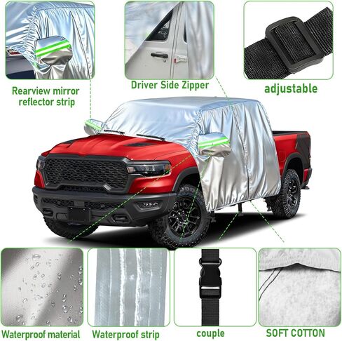 Half Car Cover for 2019-2026 RAM 1500 Crew Cab, with Door Zipper, 420D Oxford Waterproof All Weather Exterior Pickup Truck Cover for Wind Dust Sun and UV Protection in Saudi Arabia