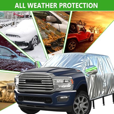 Half Car Cover for 2019-2026 RAM 1500 Crew Cab, with Door Zipper, 420D Oxford Waterproof All Weather Exterior Pickup Truck Cover for Wind Dust Sun and UV Protection in Saudi Arabia
