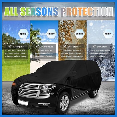 غطاء سيارة SUV لسيارة شيفروليه تاهو 4 أبواب 2007-2024 خارجي مقاوم للماء والشمس والأمطار والرياح والثلج حماية 190T PU مع سحاب باب السائق أسود ملحقات السيارات in Saudi Arabia