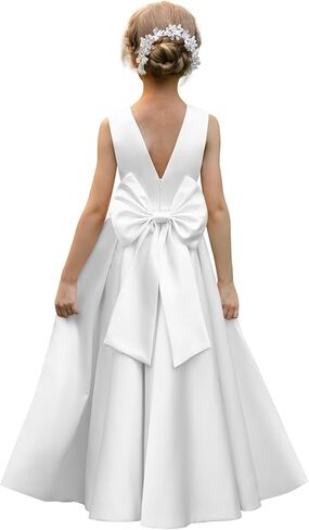 Satin Flower Girl Dresses for Wedding Pearls Backless Princess Pageant Dress with Bow SU001 in Saudi Arabia