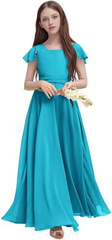 Junior Bridesmaid Dress with Sleeves Ruffles Chiffon Square Neck A Line Flower Girl Dresses for Wedding Party in Saudi Arabia