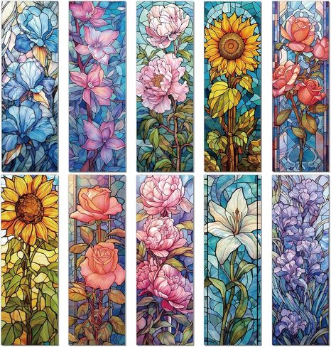 Stained Glass Flower Bookmark Gifts - Cosmisun 10 Pcs Floral Transparent PVC Bookmark Stained Glass Art Plant Book Mark Page Clips Gifts for Women Men Book Lovers Teacher Student Bookish Reader in Saudi Arabia