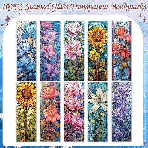 Stained Glass Flower Bookmark Gifts - Cosmisun 10 Pcs Floral Transparent PVC Bookmark Stained Glass Art Plant Book Mark Page Clips Gifts for Women Men Book Lovers Teacher Student Bookish Reader in Saudi Arabia