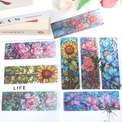 Stained Glass Flower Bookmark Gifts - Cosmisun 10 Pcs Floral Transparent PVC Bookmark Stained Glass Art Plant Book Mark Page Clips Gifts for Women Men Book Lovers Teacher Student Bookish Reader in Saudi Arabia