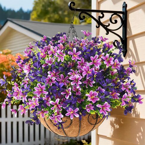 INQCMY Artificial Hanging Violet Flowers in Basket for Outdoors Summer Decor,Faux Silk Flower Arrangement,Artificial Coconut Lining Flowerpot Plant for Home Garden Decoration(Deep Purple) in Kuwait
