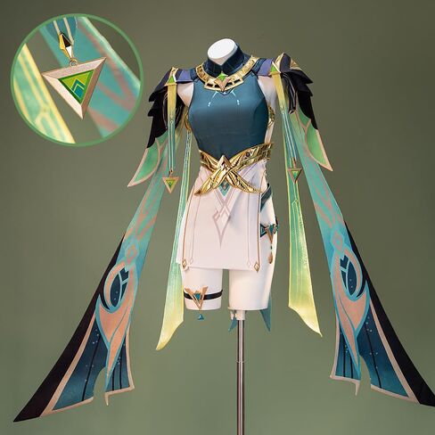 أزياء جينشين النسائية التنكرية مجموعة كاملة من الفستان الأخضر مع قفازات لحفلة الهالوين in Kuwait