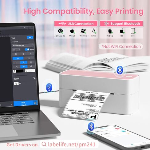 Phomemo 241BT Bluetooth Thermal Shipping Label Printer 4X6 - Wireless Thermal Label Printer for Shipping Packages + 4"x 6" Direct Fanfold Thermal Labels (Fanfold Style & 500 Labels) in Saudi Arabia