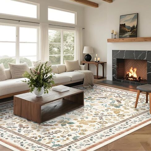 GarveeHome 10x14 Floral Area Rugs for Bedroom Machine Washable Boho Soft Non-Slip Backing Rugs Low Pile Stain Resistant Botanical Carpet for Living Room Farmhouse Dining Room Nursery Beige in Saudi Arabia