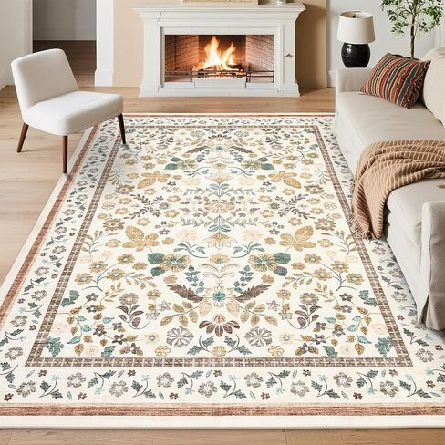 GarveeHome 10x14 Floral Area Rugs for Bedroom Machine Washable Boho Soft Non-Slip Backing Rugs Low Pile Stain Resistant Botanical Carpet for Living Room Farmhouse Dining Room Nursery Beige in Saudi Arabia