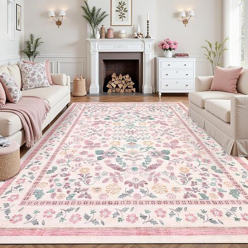 GarveeHome 10x14 Floral Area Rugs for Bedroom Machine Washable Boho Soft Non-Slip Backing Rugs Low Pile Stain Resistant Botanical Carpet for Living Room Farmhouse Dining Room Nursery Beige in Saudi Arabia