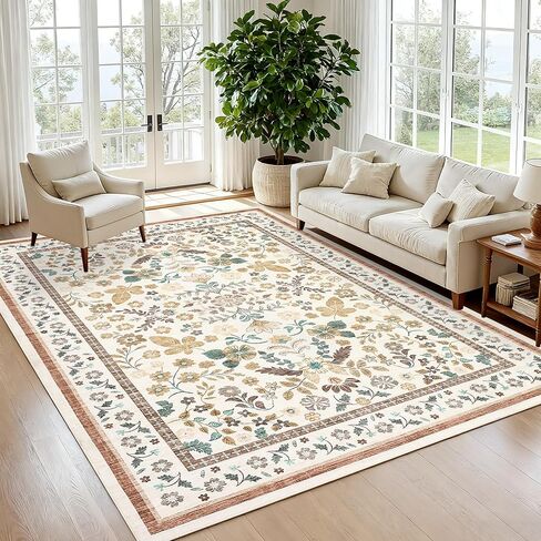GarveeHome 10x14 Floral Area Rugs for Bedroom Machine Washable Boho Soft Non-Slip Backing Rugs Low Pile Stain Resistant Botanical Carpet for Living Room Farmhouse Dining Room Nursery Beige in Saudi Arabia