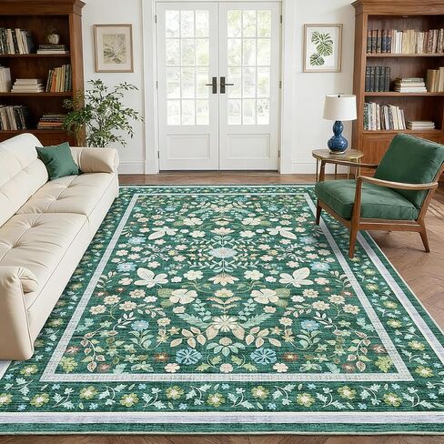 GarveeHome 10x14 Floral Area Rugs for Bedroom Machine Washable Boho Soft Non-Slip Backing Rugs Low Pile Stain Resistant Botanical Carpet for Living Room Farmhouse Dining Room Nursery Beige in Saudi Arabia