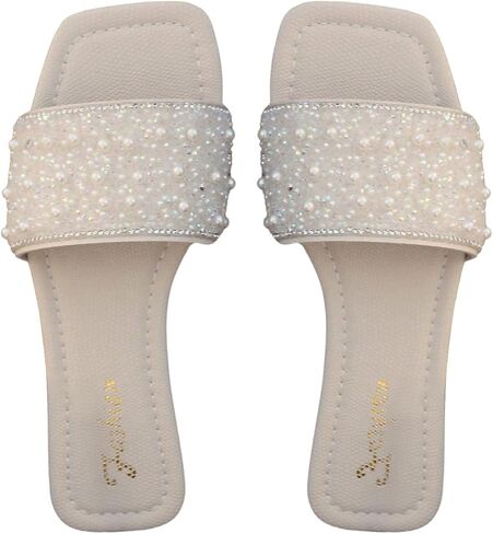 OYOANGLE Women's Rhinestone Pearl Sandals Square Open Toe Dressy Flats Litchi Embossed Slides in Saudi Arabia