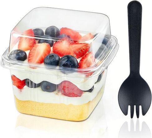 Zezzxu 50 Pack 8 oz Plastic Parfait Cups with Lids and Sporks, Square Dessert Cups with Spoons Cake Containers for Pudding, Yogurt Fruit, Mousse, Trifle and Ice Cream in Kuwait