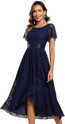 Ever-Pretty Women's Lace Short Sleeve Round Neck Empire Waist Midi High Low Evening Gown 03489 in Saudi Arabia