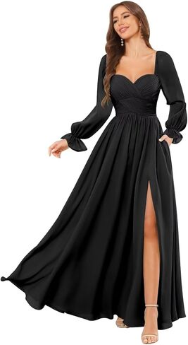Mollyevers Long Sleeve Chiffon Bridesmaid Dresses for Women with Pockets Fall Ruched Formal Evening Gown with Slit in Kuwait