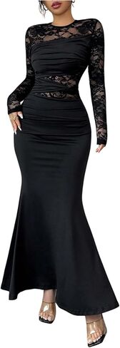 GORGLITTER Women's Floral Lace Bodycon Maxi Dress Long Sleeve Ruched Sheer Fishtail Cocktail Evening Dresses in Saudi Arabia