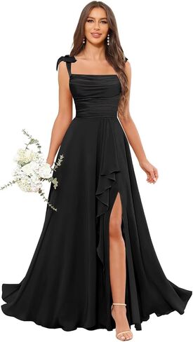 Spaghetti Straps Bridesmaid Dresses for Wedding A-Line Cowl Neck Ruffles Bow Tie Formal Evening Gown with Slit in Saudi Arabia