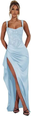 Sparkly Sequin Corset Prom Dresses Satin Ruffles Ball Gown with Slit Spaghetti Straps Long Formal Party Dress in Kuwait
