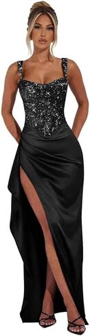 Sparkly Sequin Corset Prom Dresses Satin Ruffles Ball Gown with Slit Spaghetti Straps Long Formal Party Dress in Saudi Arabia