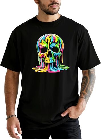 Olive Loves Apple Colorful Neon Melting Skull Shirt for Men Vibrant Dripping Skeleton Adult Graphic Tee in Saudi Arabia