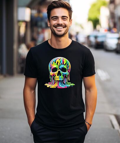 Olive Loves Apple Colorful Neon Melting Skull Shirt for Men Vibrant Dripping Skeleton Adult Graphic Tee in Saudi Arabia